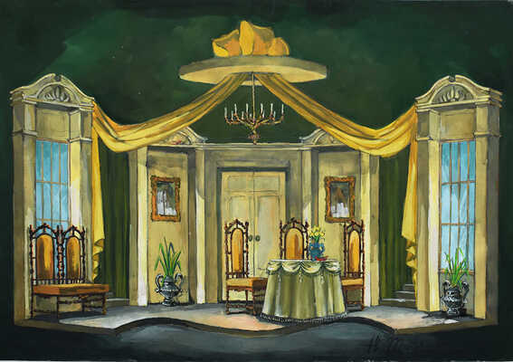 Трошин Николай Степанович. Эскиз декорации гостиной с желтой драпировкой и темно-зеленым фоном к спектаклю «Тартюф» 